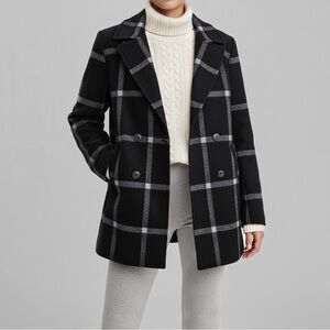 Gap Wool Blend Buffalo Plaid Peacoat Jacket Size S Black White Academia